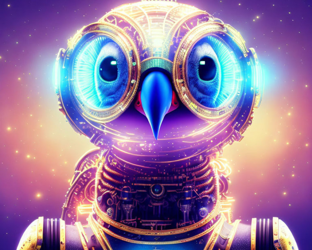 Colorful Robotic Owl with Glowing Blue Eyes on Starry Night Sky