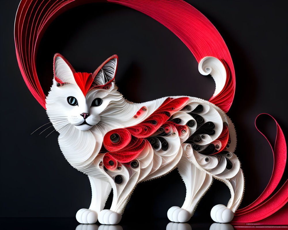 Stylized cat in white and red paper quilling on black background