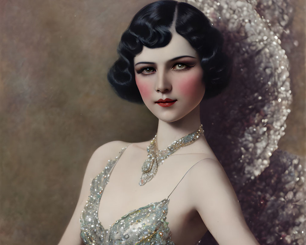 Vintage portrait of woman with bobbed curly hair and sequined dress