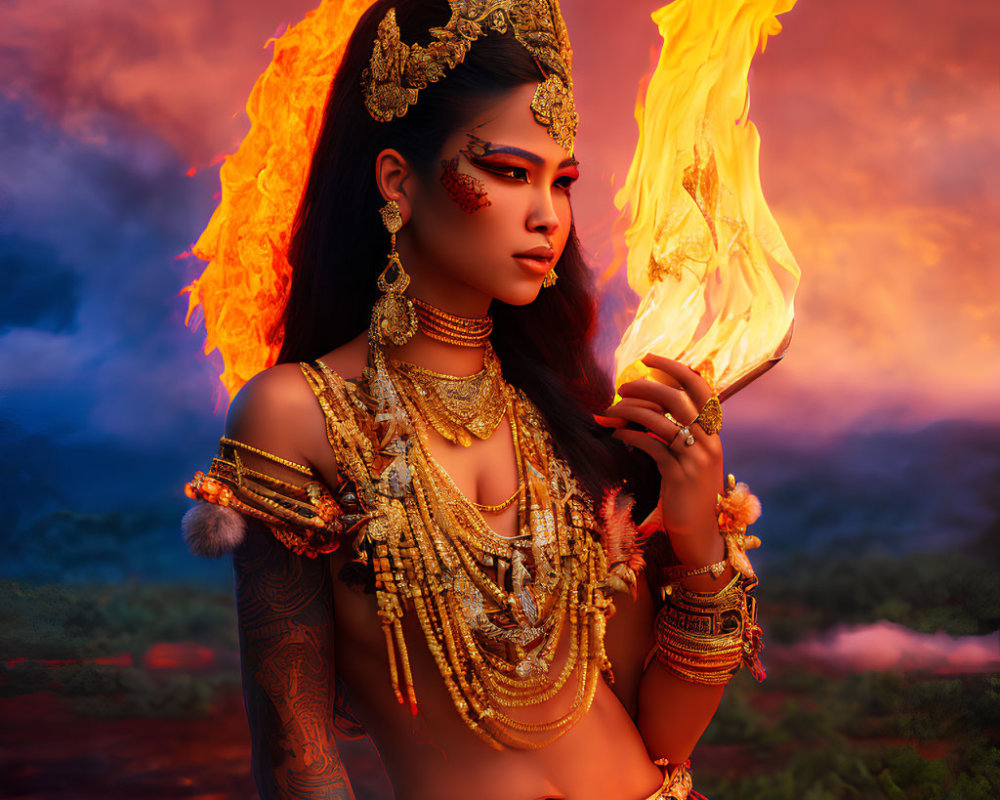 Elaborately adorned woman in traditional attire holding flaming torch at sunset