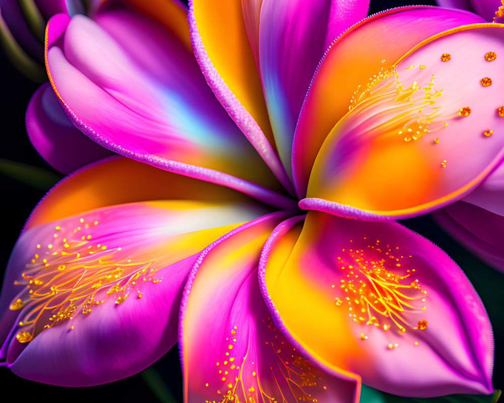 Colorful fantasy flower digital artwork with neon pink and yellow hues on dark background