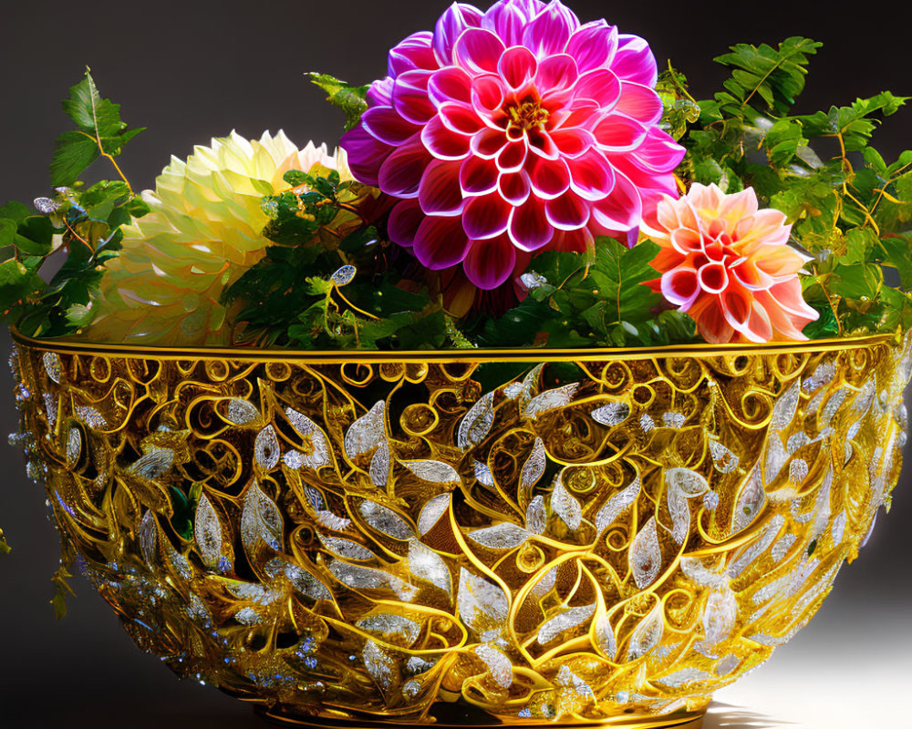 Colorful dahlias in golden filigree bowl on dark background