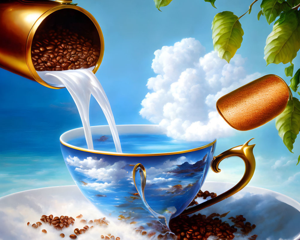 Surreal image of kettle pouring liquid transforming into cloudy sky over sea, filling teacup with