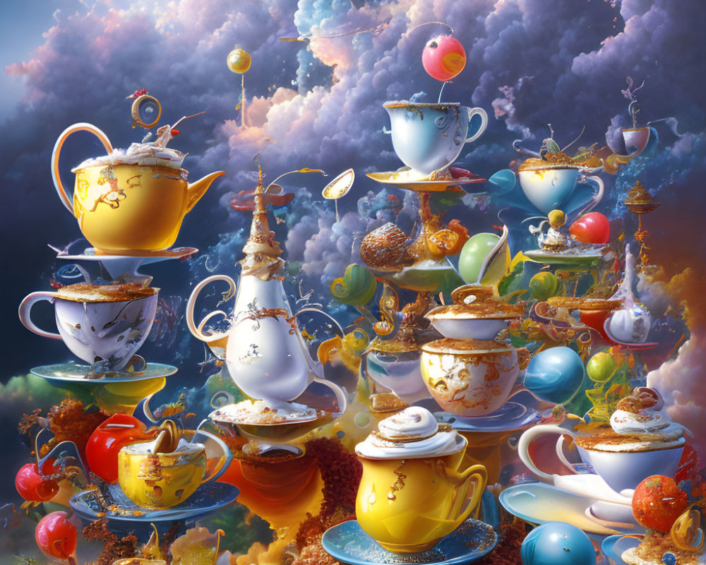 Whimsical floating teapots and cups in dreamlike cloudscape