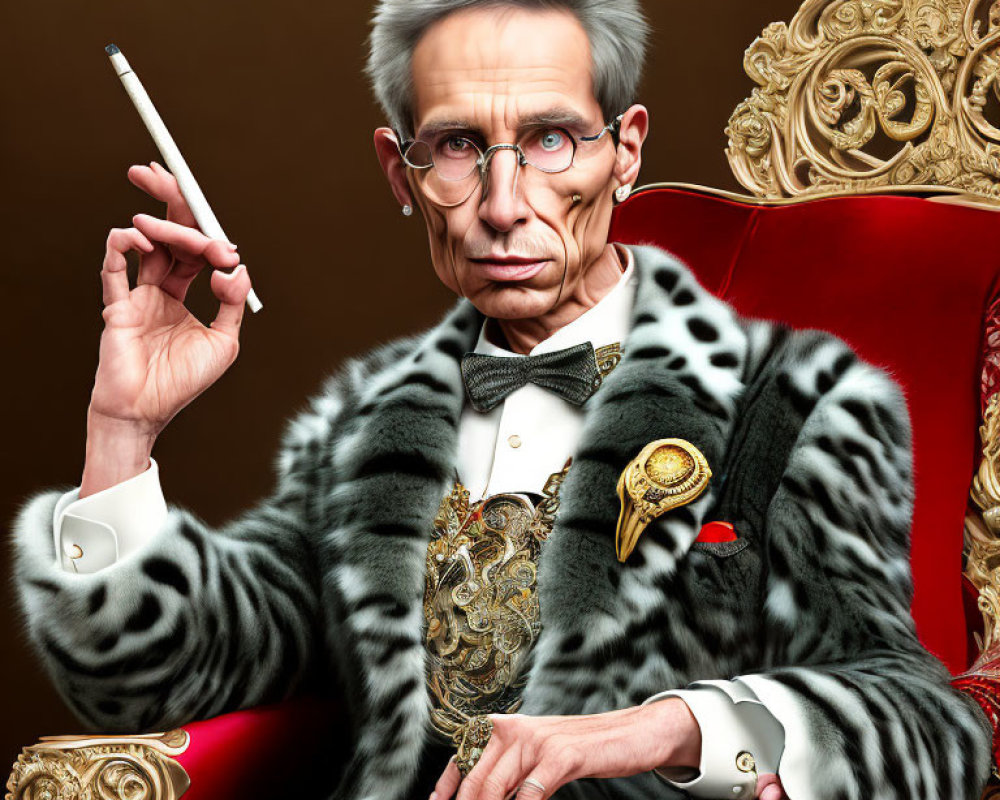 Sophisticated man with glasses in fur coat on ornate chair