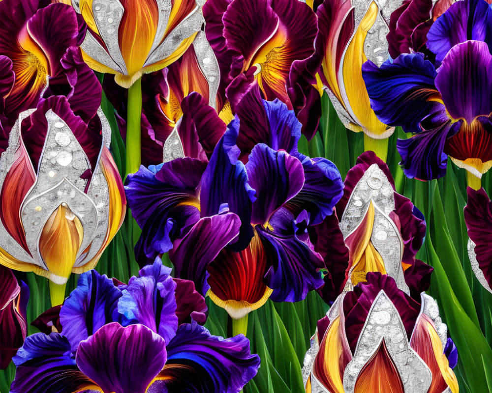 Multicolored Iris Flowers in Vibrant Hues on Green Foliage