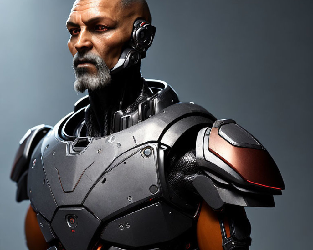 Male humanoid character with grizzled beard in futuristic black and orange robotic armor.