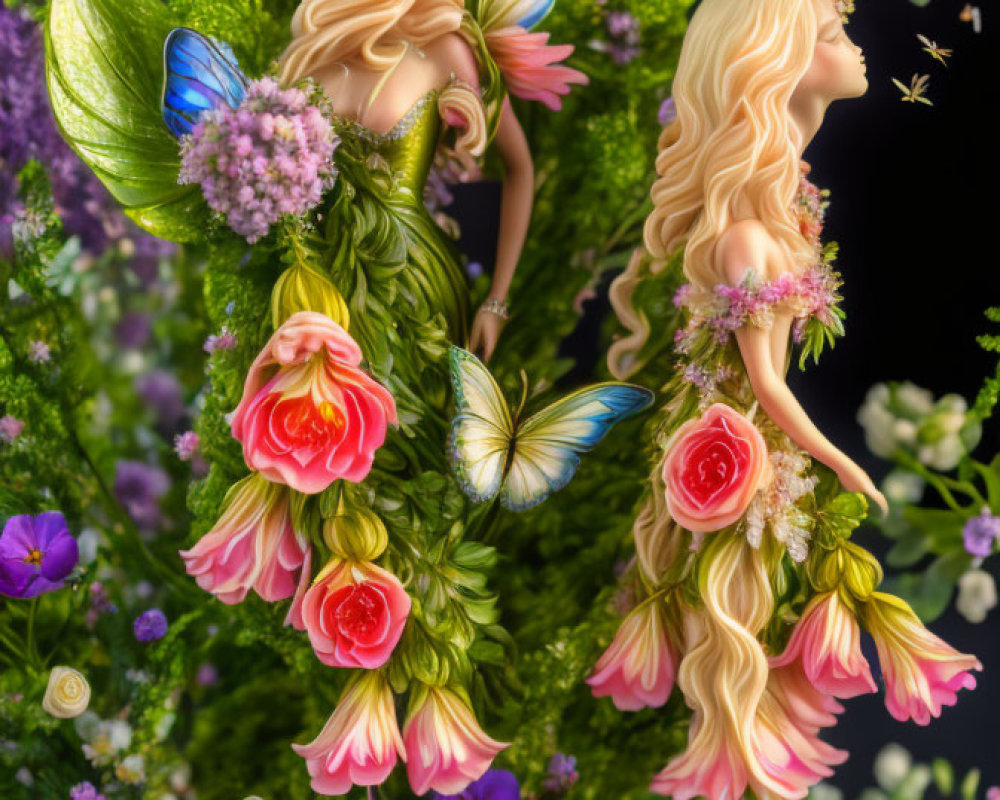 Ethereal fairies with delicate wings in vibrant floral setting