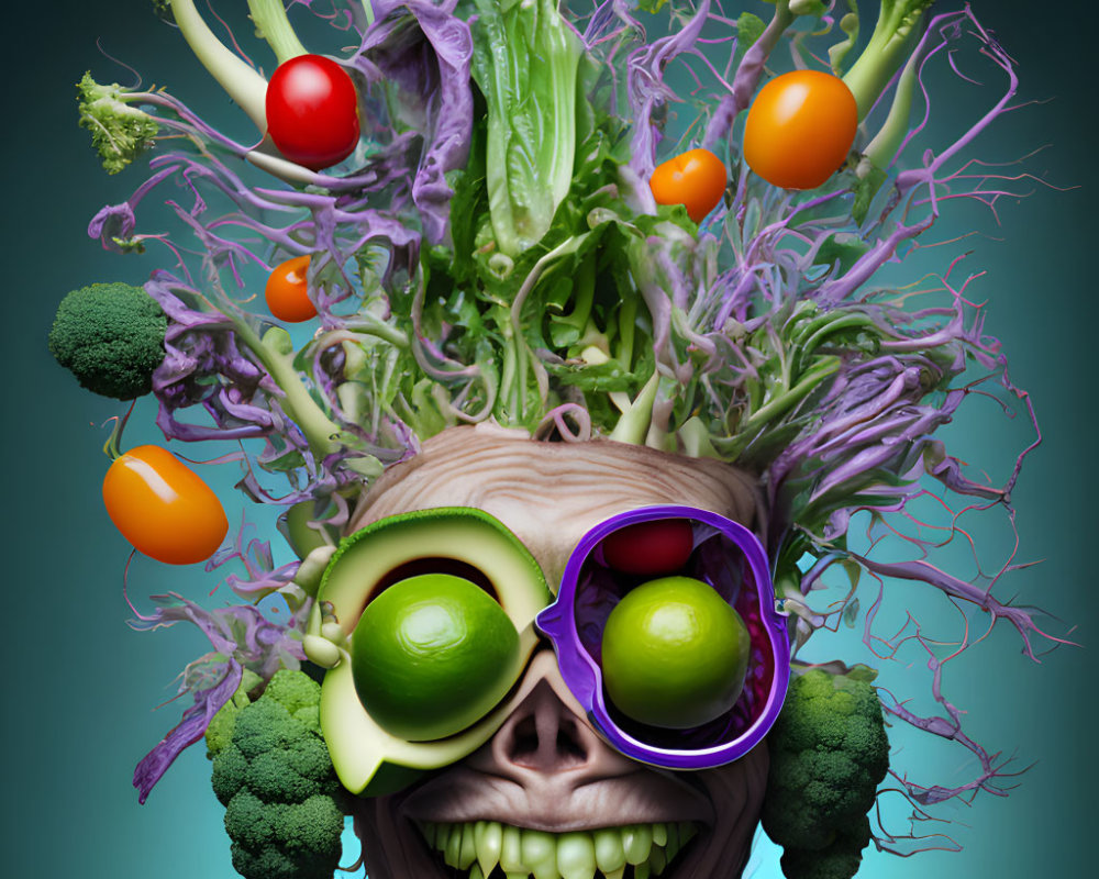 Character's head explodes with vegetables and funky sunglasses