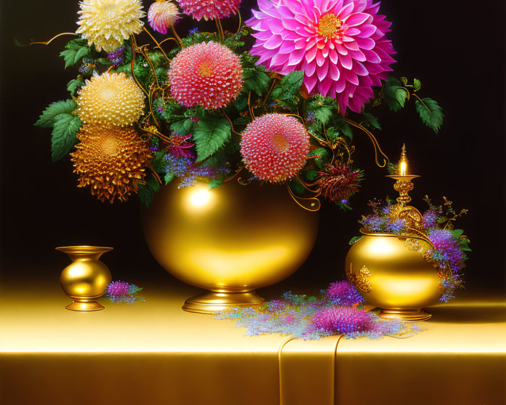 Vibrant flowers in golden vase with pot and cup on draped cloth