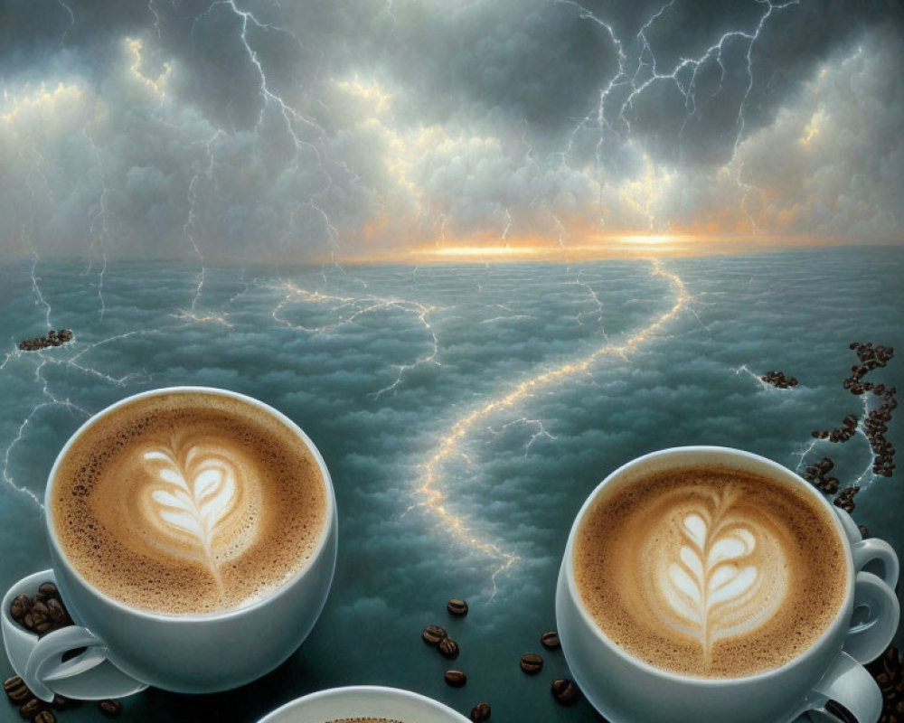 Artful foam on two coffee cups on coffee beans with surreal sea and stormy sky.