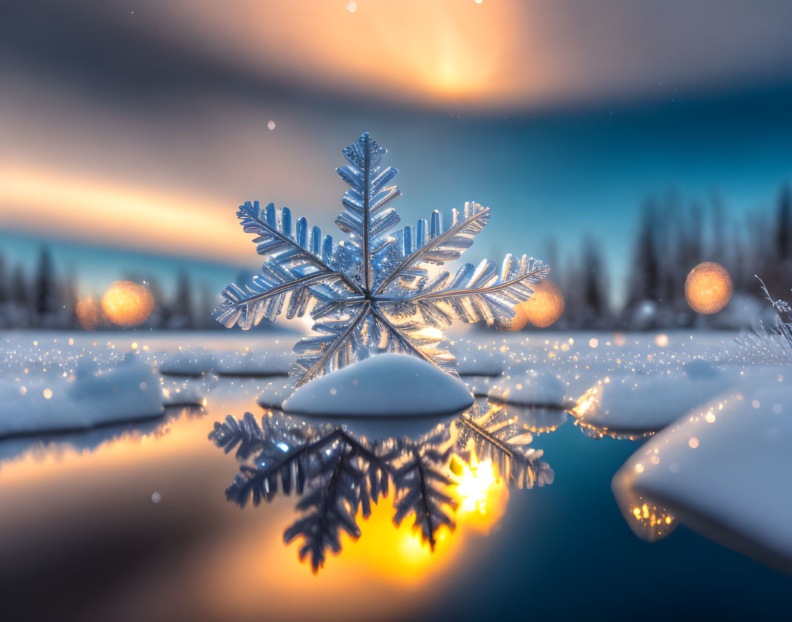 Snowflake on Reflective Surface in Wintry Dusk