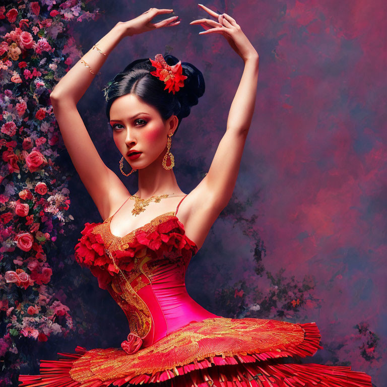 Vibrant red flamenco dress with ruffled layers on woman against floral backdrop