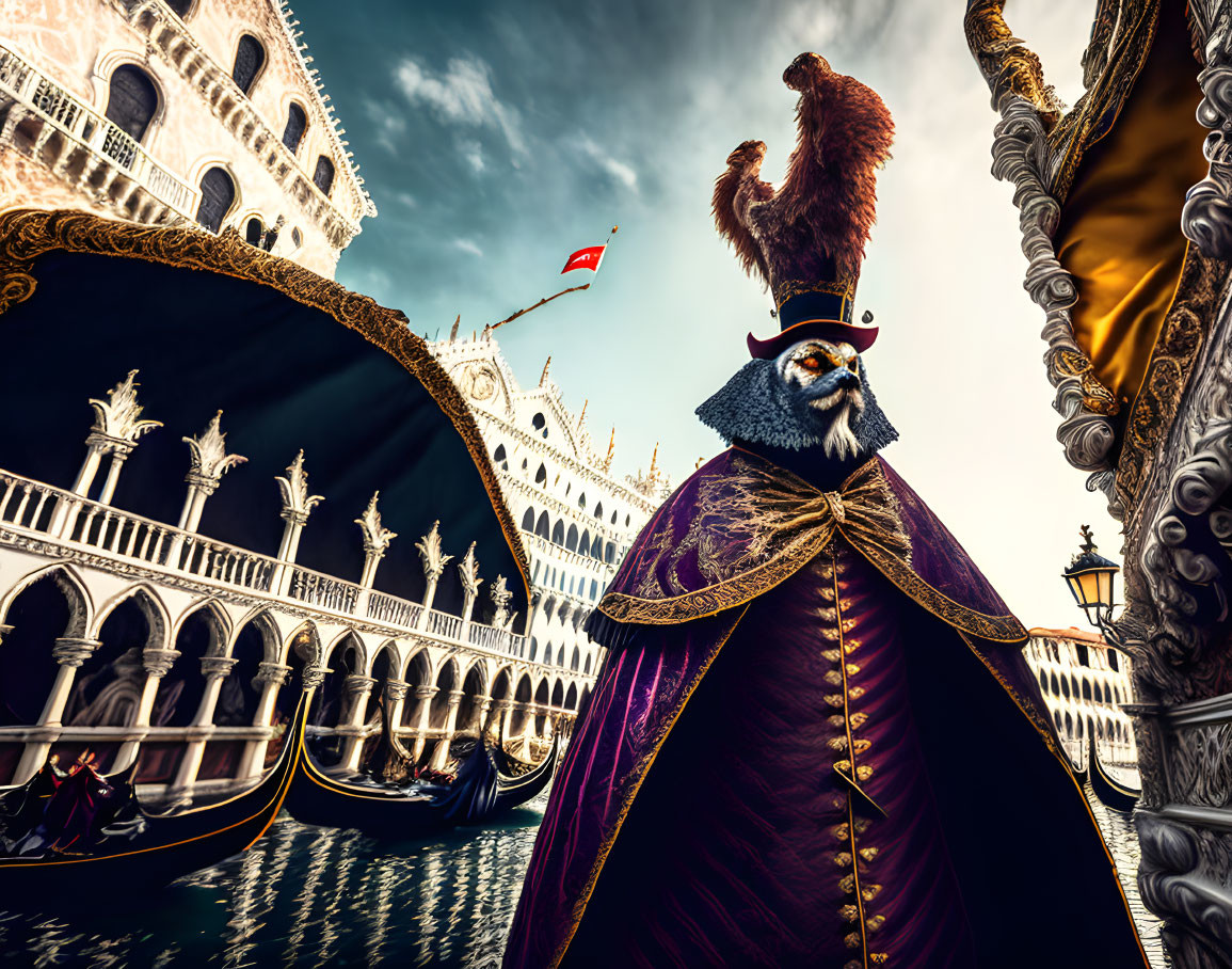 Person in dramatic mask and ornate costume in front of Venice's iconic bridges and architecture.