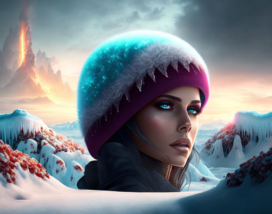 Digital art portrait of woman with blue eyes in snowy landscape with erupting volcanoes