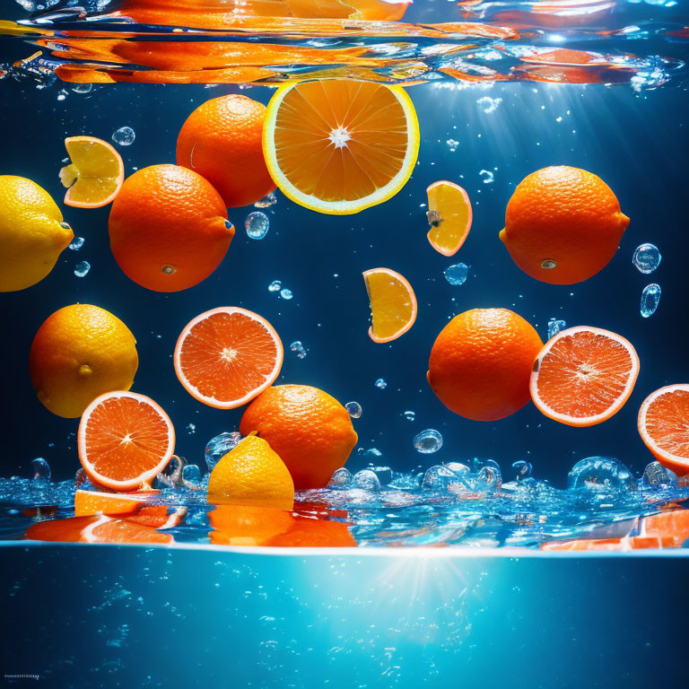 Assorted Citrus Fruits Submerged in Water with Bubbles and Light