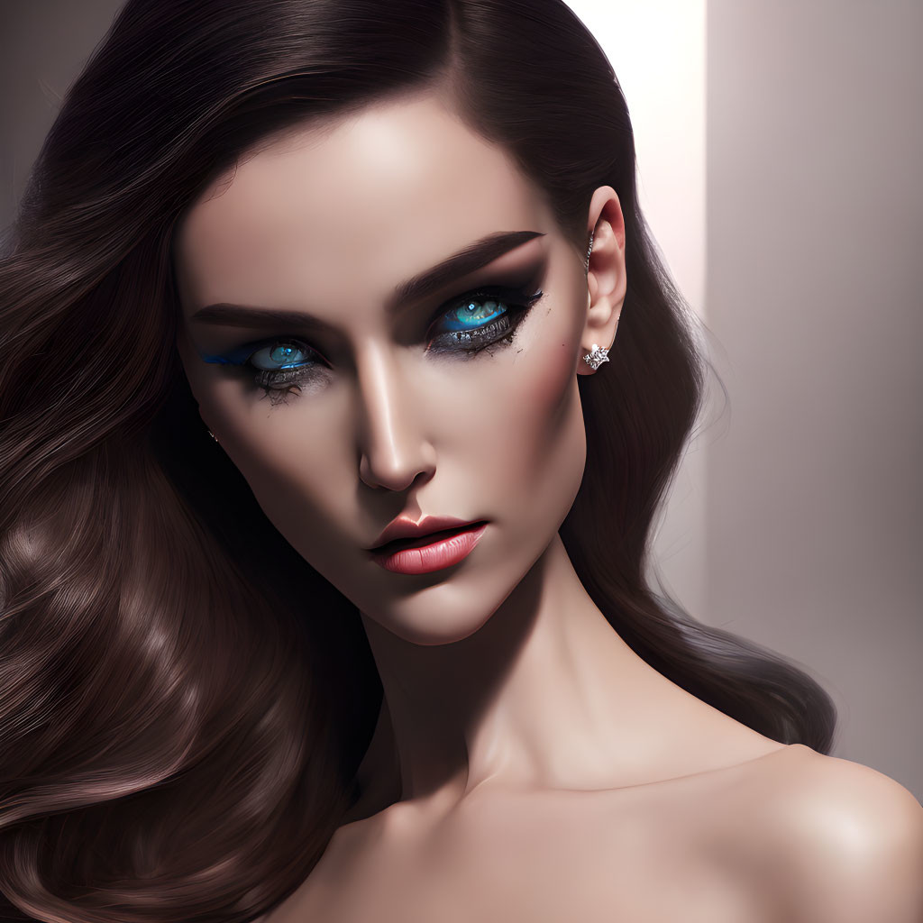 Digital Illustration: Woman with Dramatic Makeup and Blue Eyes