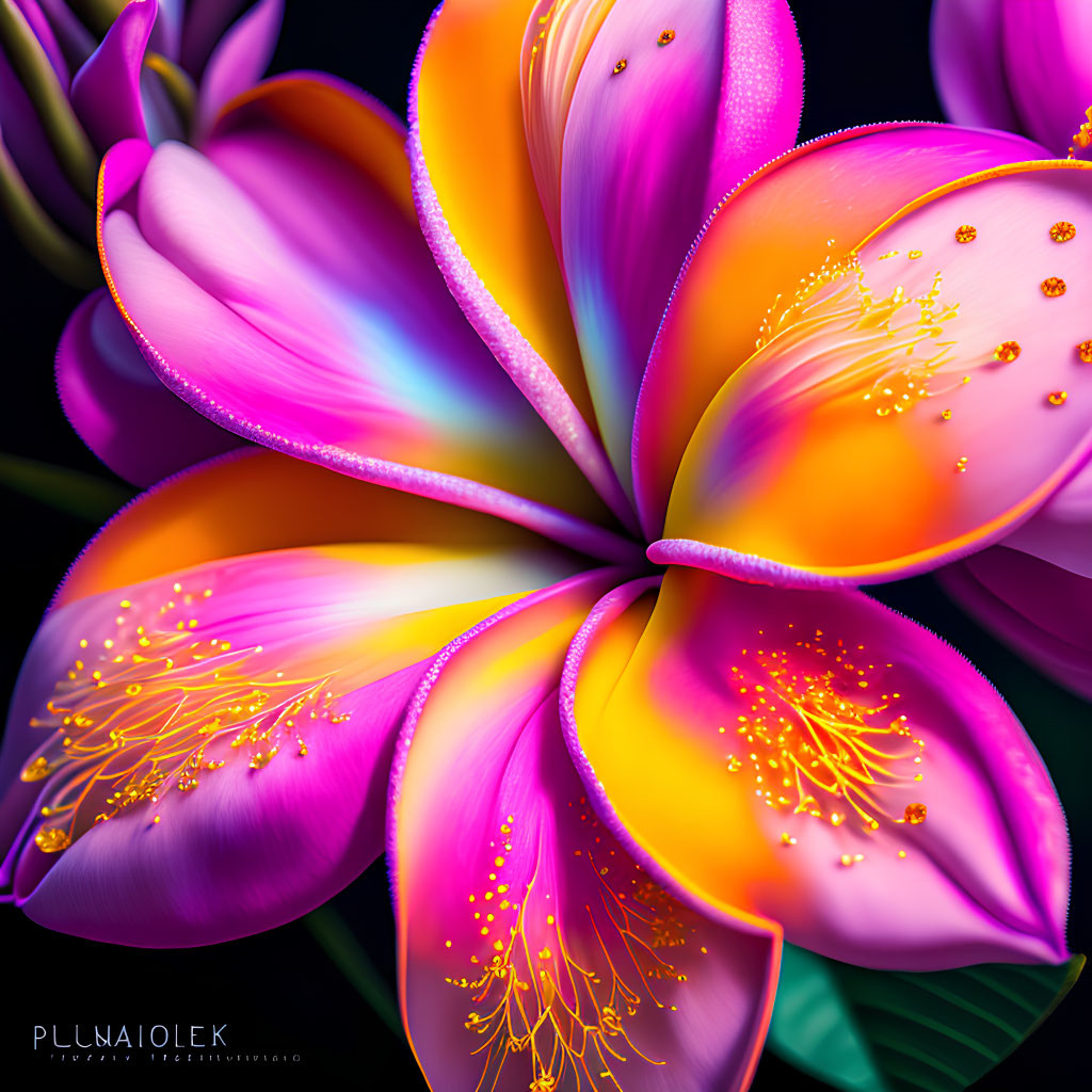 Colorful fantasy flower digital artwork with neon pink and yellow hues on dark background