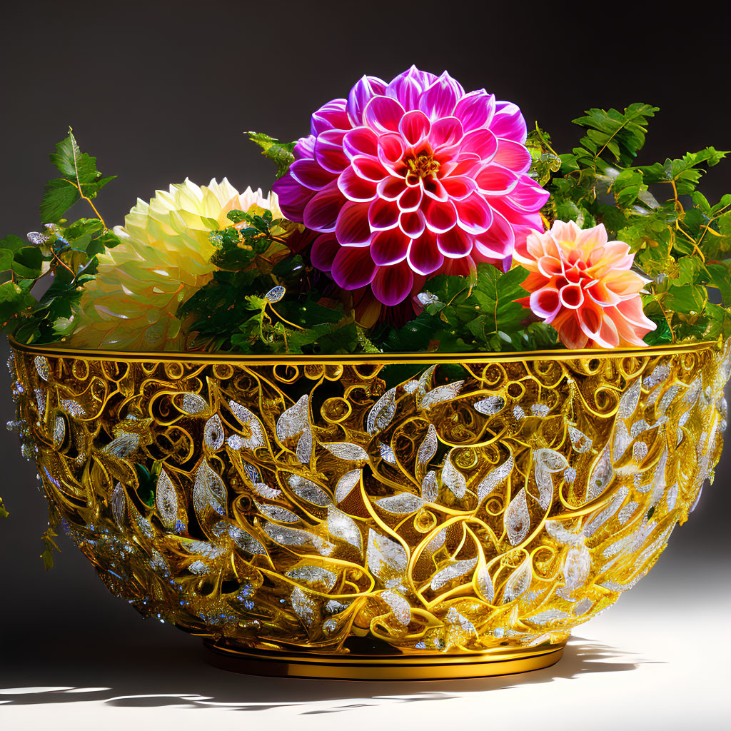 Colorful dahlias in golden filigree bowl on dark background