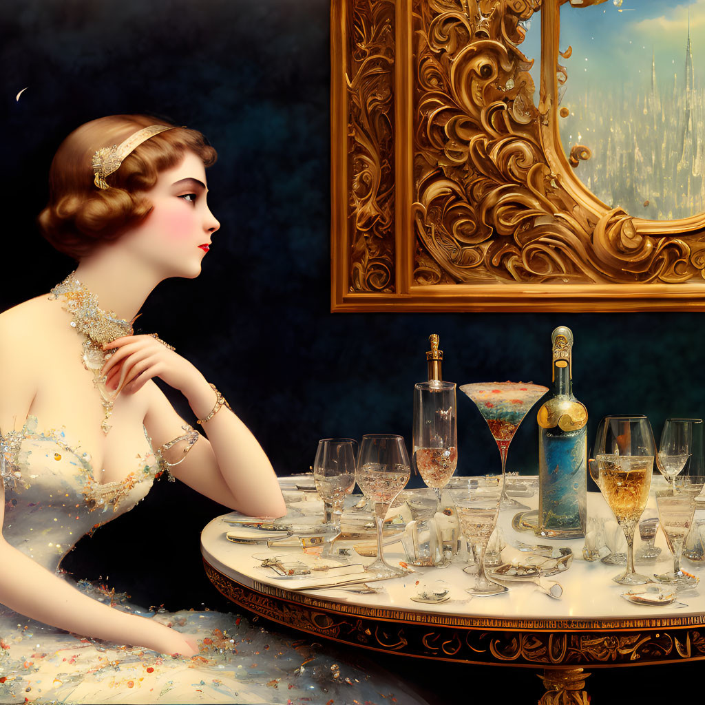 Elegant woman at table with mirror reflecting forest