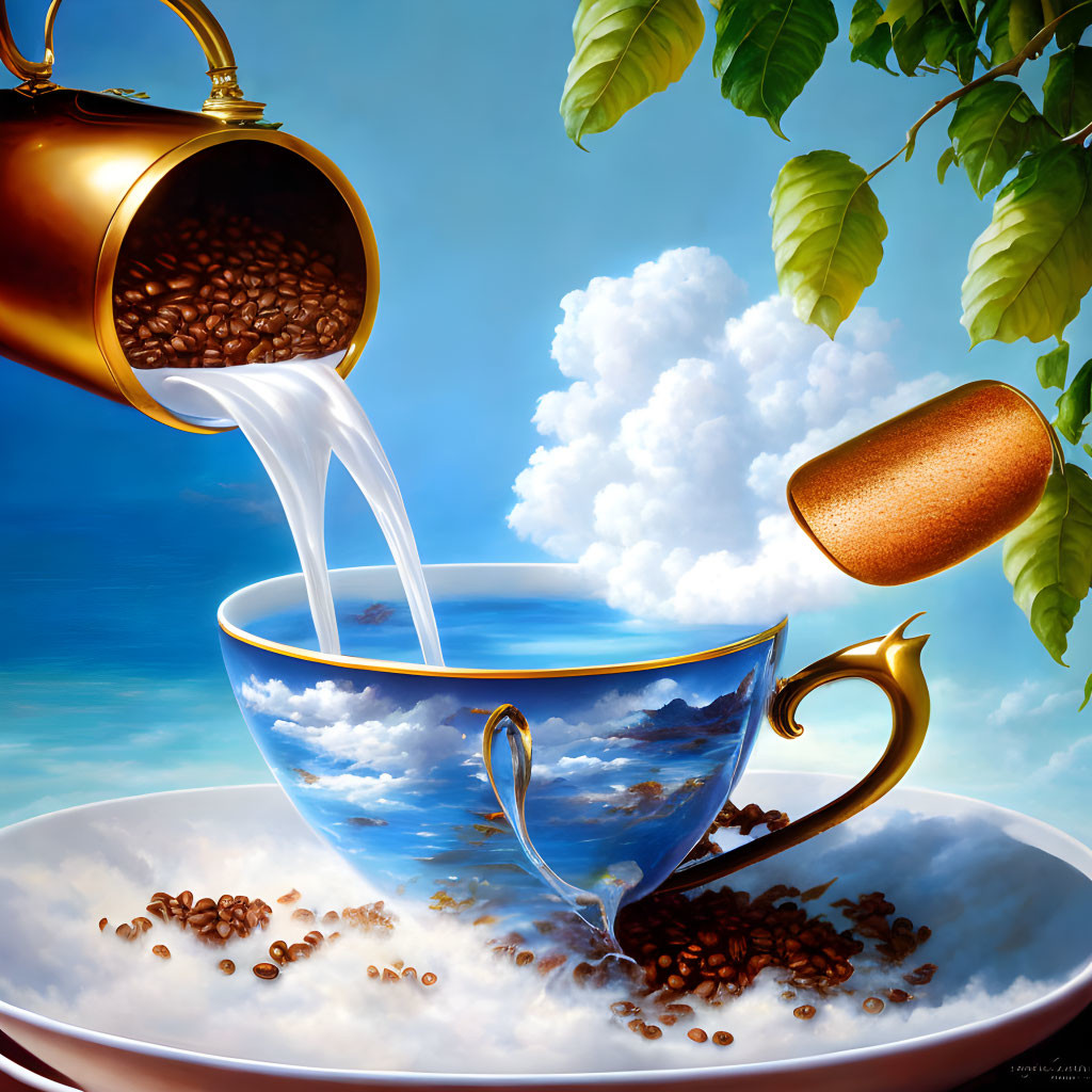 Surreal image of kettle pouring liquid transforming into cloudy sky over sea, filling teacup with