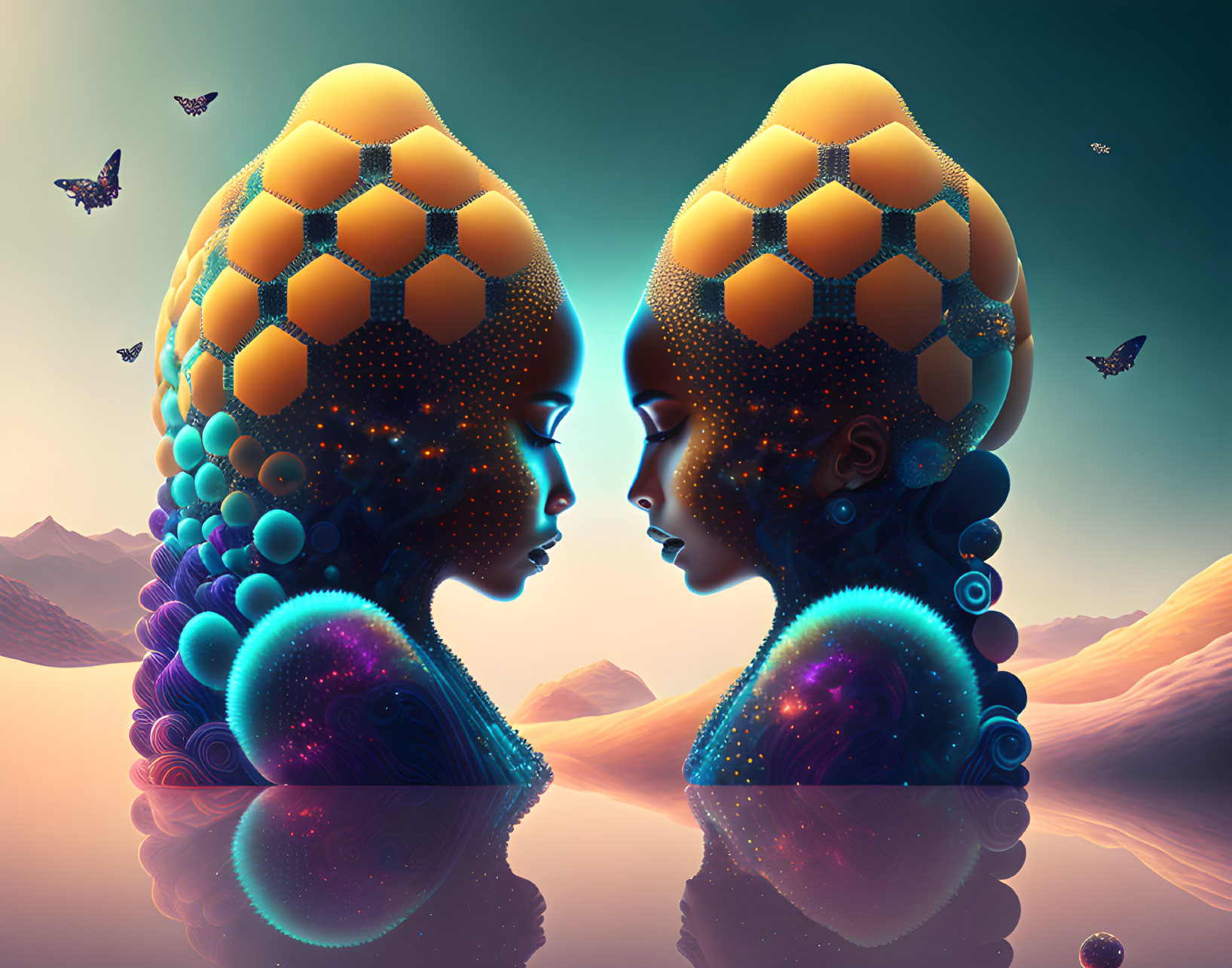 Symmetrical female figures with honeycomb patterns in surreal twilight landscape