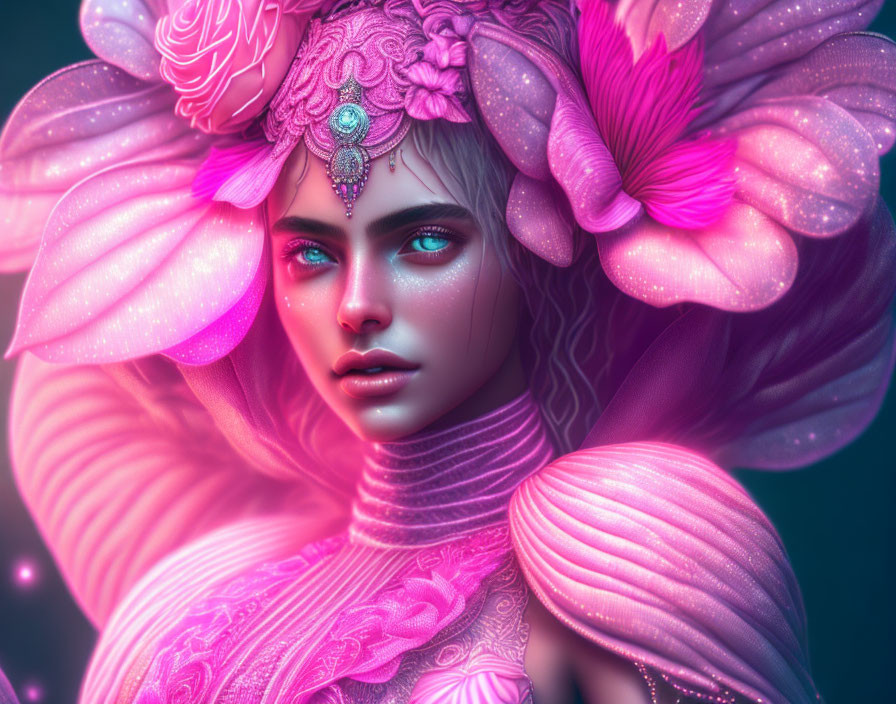 Intricate pink floral adorned female character with shimmering attire