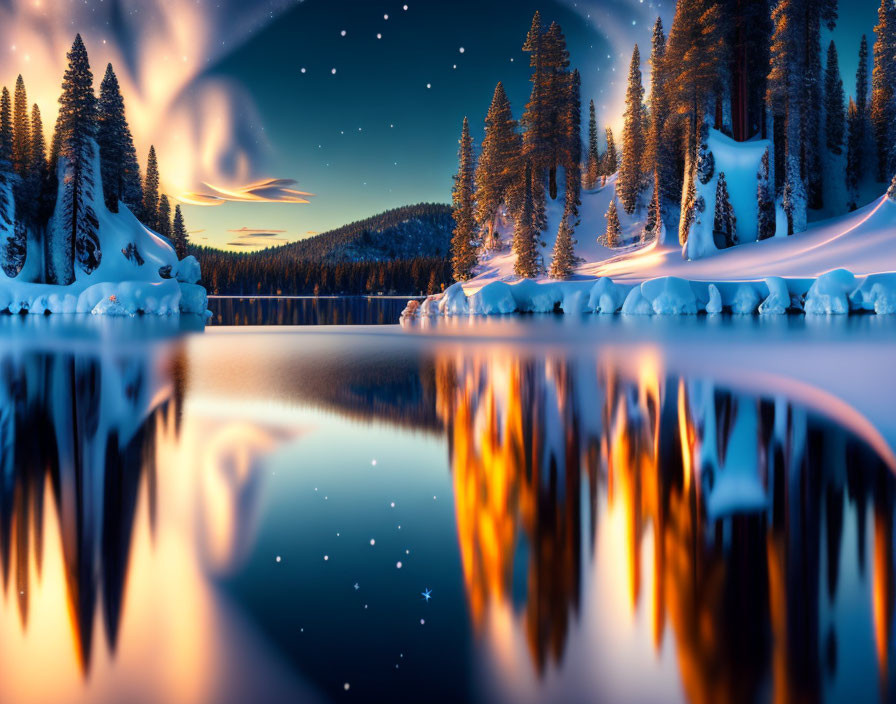 Tranquil Winter Twilight Scene with Snowy Pines and Reflective Lake