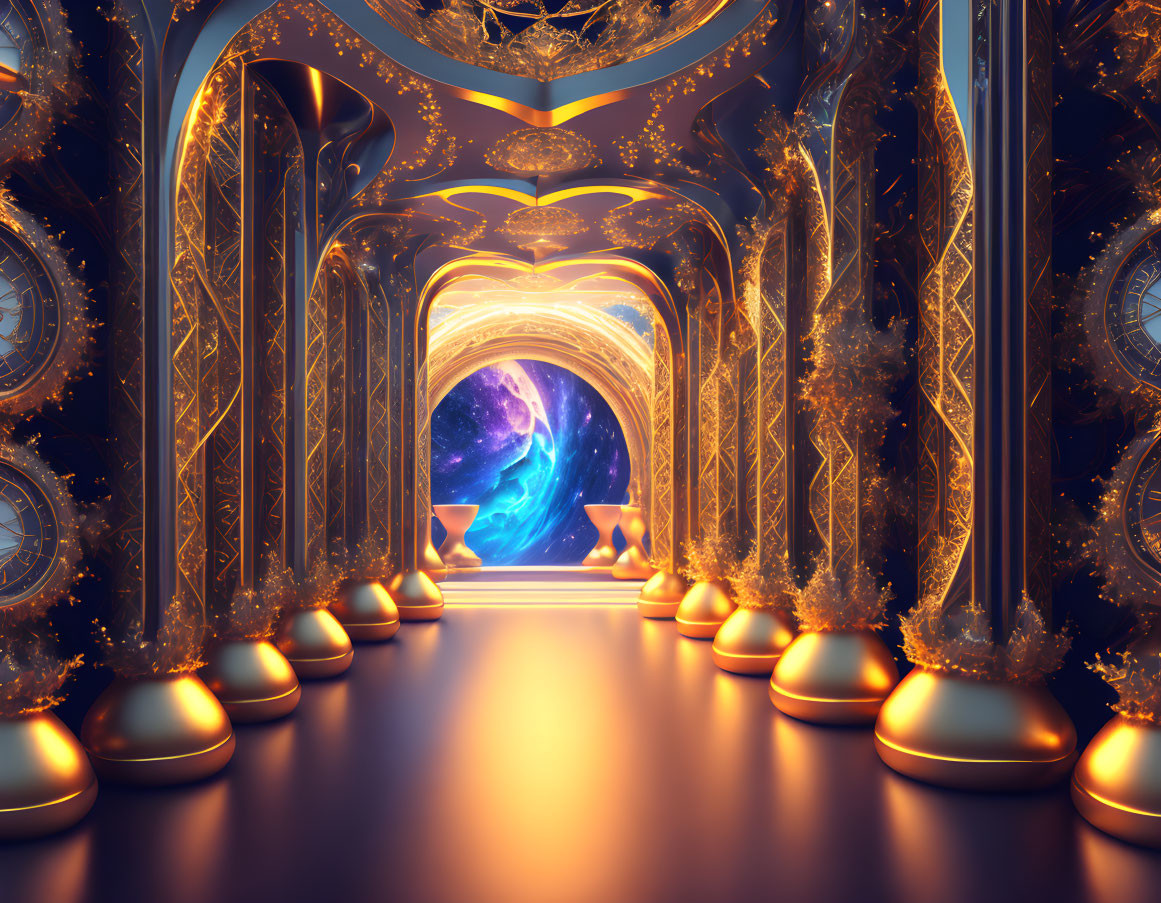 Futuristic hallway with golden arches and galaxy view