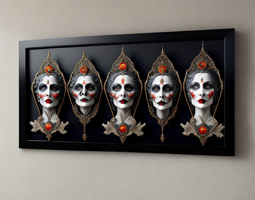 Stylized female faces with skeleton makeup and ornate headpieces on black background