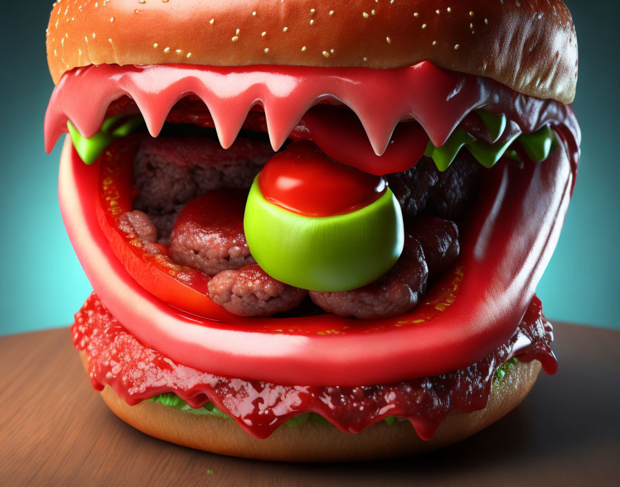 Juicy burger with lettuce, tomato, pickles, and beef patty on wooden surface