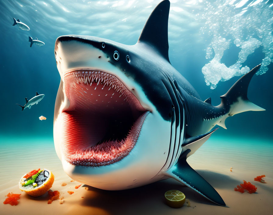 Large Shark with Open Mouth Surrounded by Fish, Lime, and Sushi