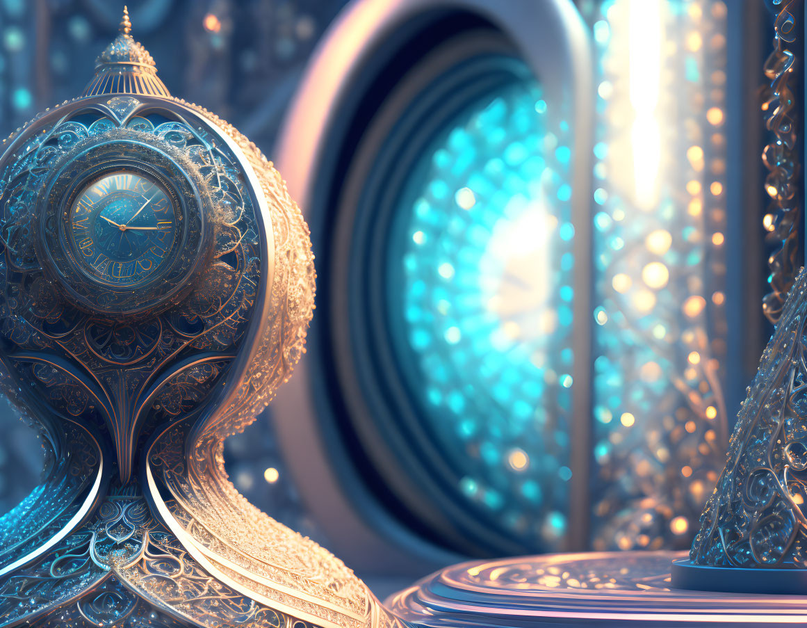 Ornate metallic clock near swirling blue portal in magical setting