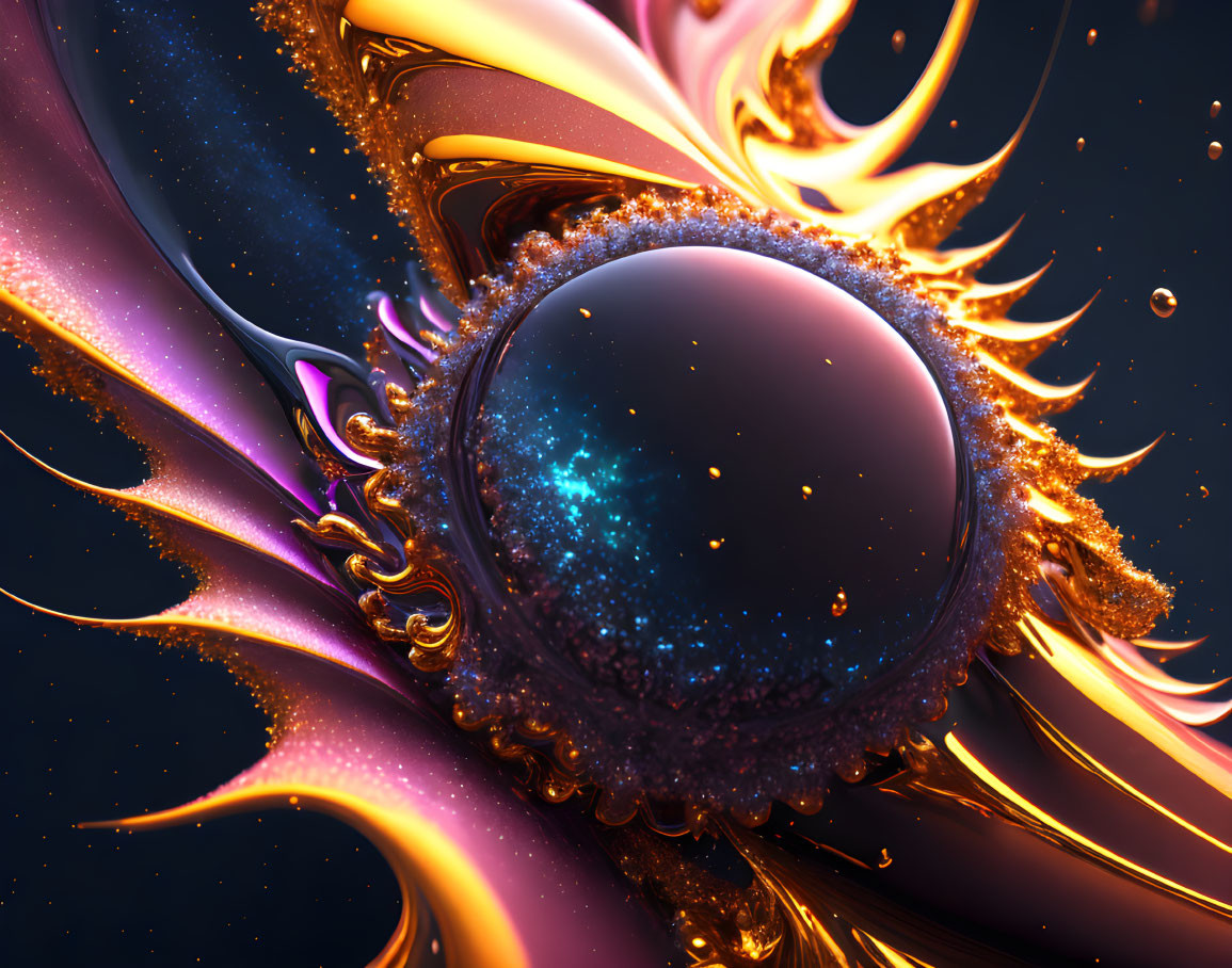 Colorful digital artwork: Black sphere with golden fractal flames on cosmic background