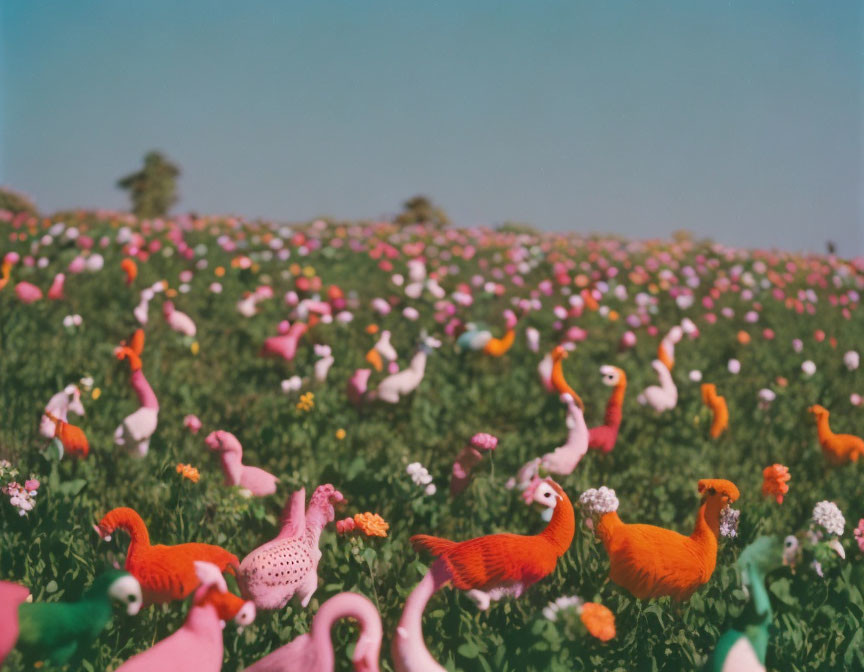 Colorful Flamingo-Shaped Ornaments in Vibrant Field