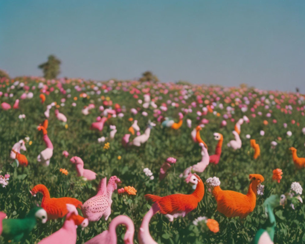 Colorful Flamingo-Shaped Ornaments in Vibrant Field