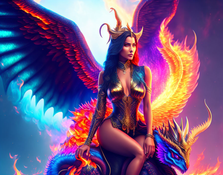 Fantastical female figure with horns and wings beside fiery dragon under colorful sky