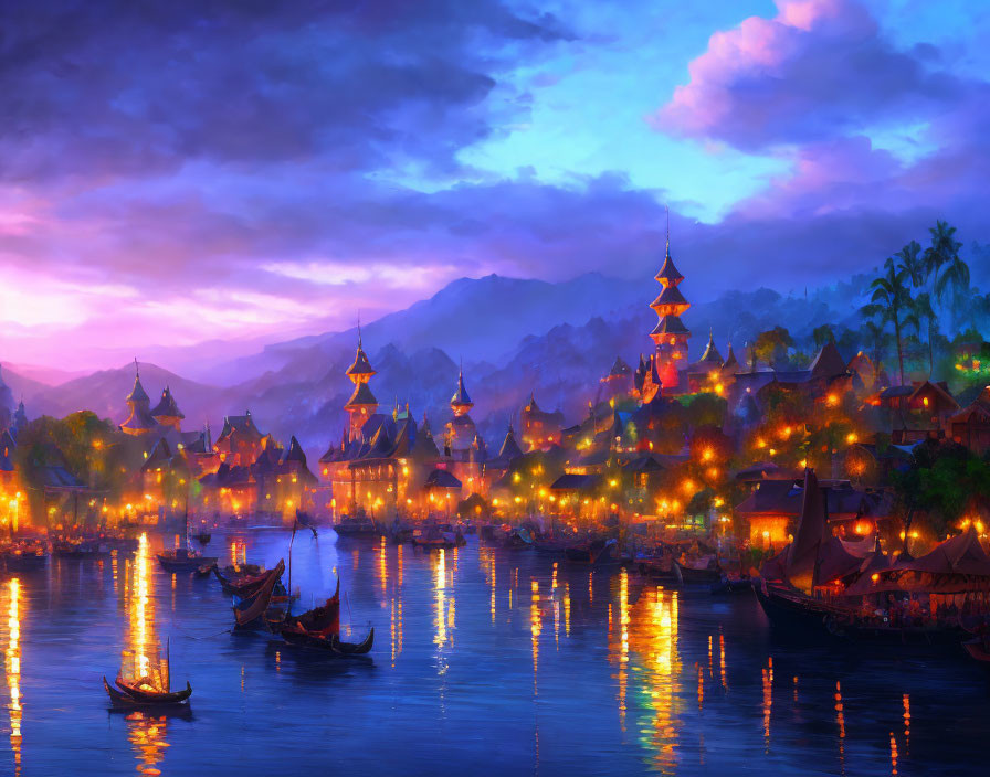 Traditional riverside village at dusk with glowing lights and calm water.