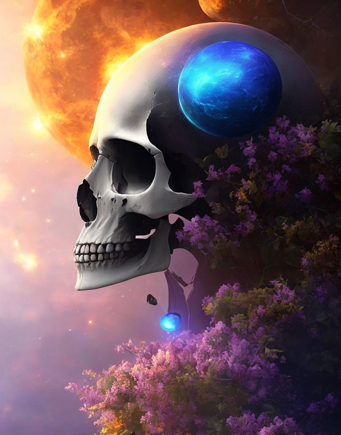 Surreal human skull with planet eyes in blooming flower setting