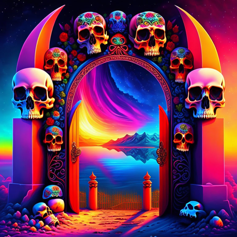 Colorful archway with skulls under starry sky & sunrise/sunset over mountainous landscape by the