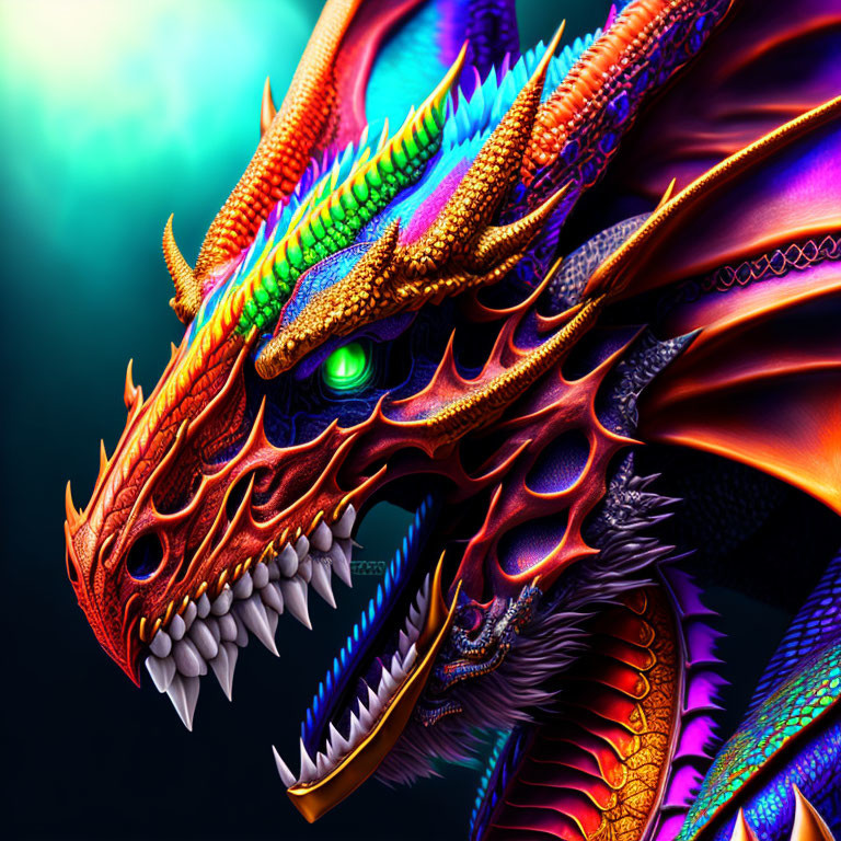 Colorful Dragon Artwork with Glowing Green Eyes on Dark Background