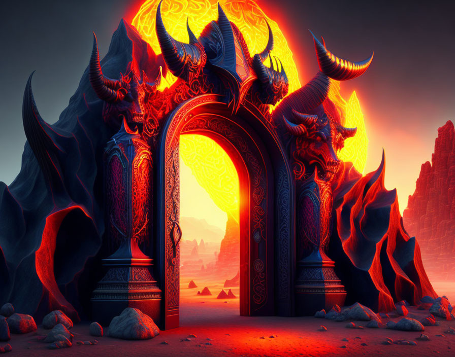 Fiery portal with dragon statues in surreal volcanic landscape