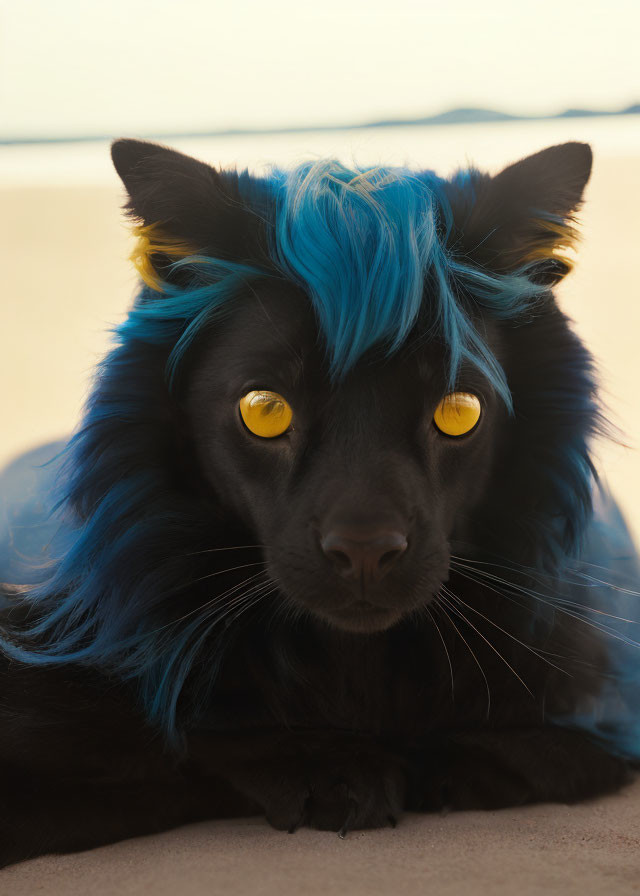 Black Dog with Yellow Eyes and Blue Mohawk on Sandy Beach