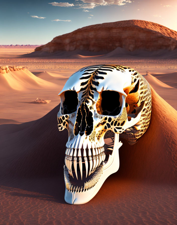 Leopard Print Human Skull in Desert Landscape