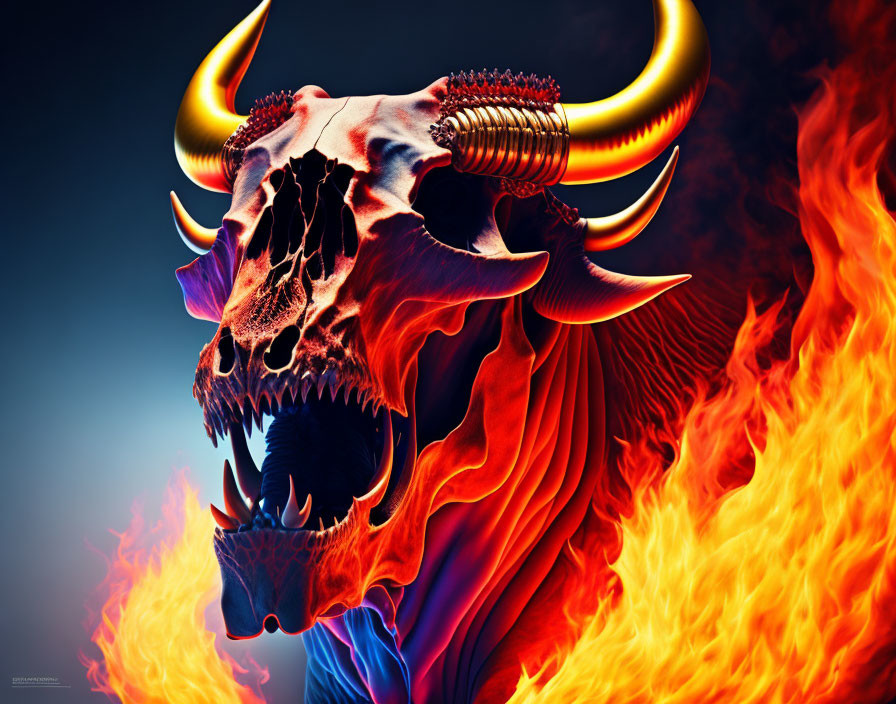 Digital artwork: Dragon skull with golden horns in flames on dark blue.