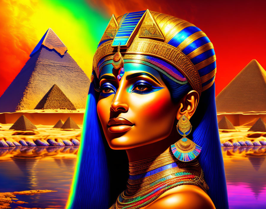 Digital Artwork of Egyptian Queen with Headdress and Pyramids in Fiery Sunset