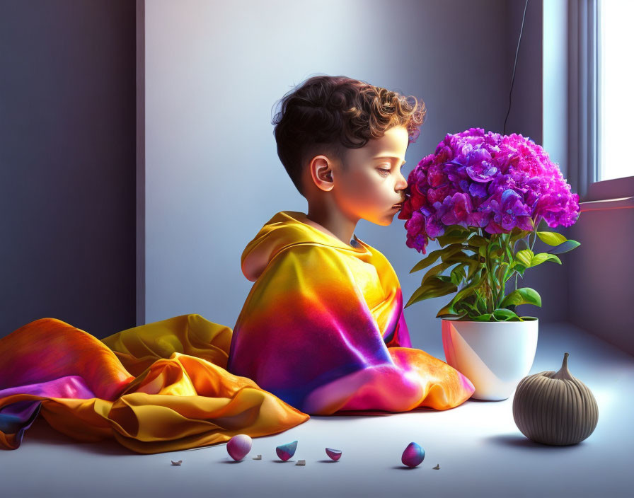 Child in Colorful Outfit Smelling Purple Hydrangea by Window