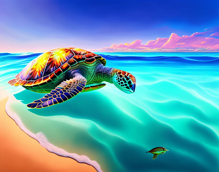 Colorful sea turtle swimming in vibrant ocean sunset.