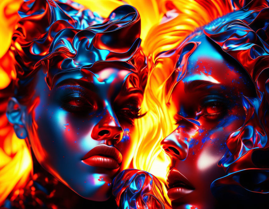 Colorful Faces with Elaborate Designs in Fiery Orange and Cool Blue Hues