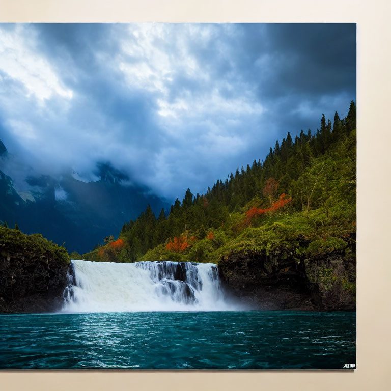 Scenic landscape with waterfall, blue lake, greenery, autumn trees, and cloudy sky